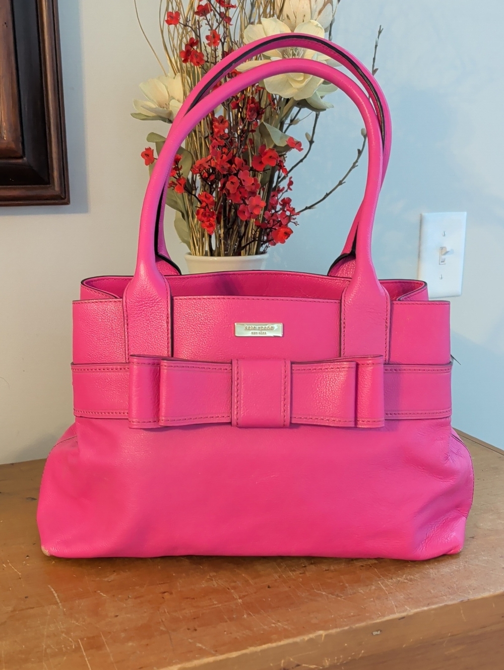 Kate Spade Hot Pink Leather Tote Bag with Bow Accent
